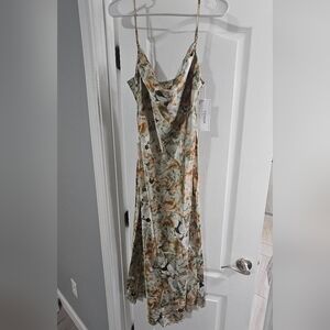 Cowl Neck Dress in Green and Brown Floral